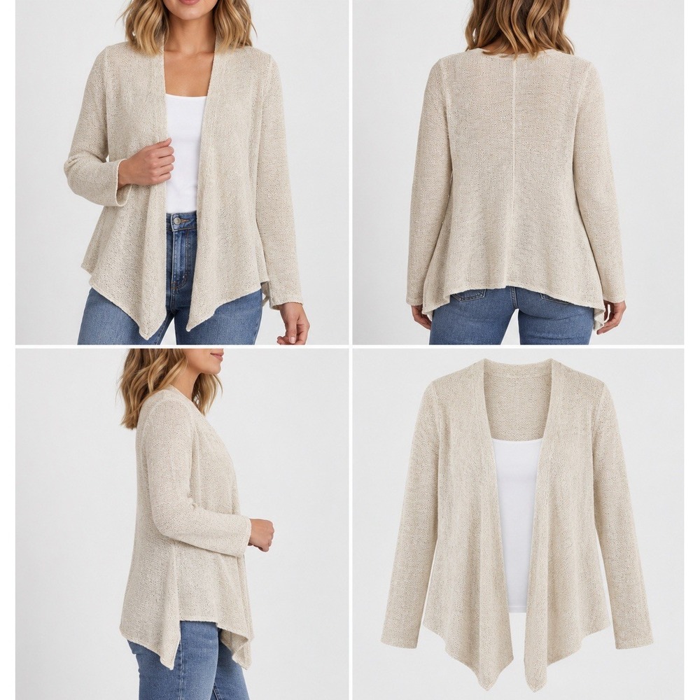 Eileen Fisher XL Cotton Linen Open Front Cardigan Sweater Cream Draped Knit
